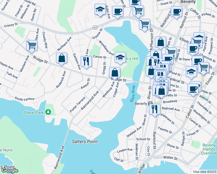 map of restaurants, bars, coffee shops, grocery stores, and more near 11 1/2 Winthrop Avenue in Beverly