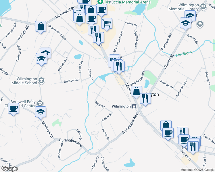 map of restaurants, bars, coffee shops, grocery stores, and more near 1 Water Street in Wilmington