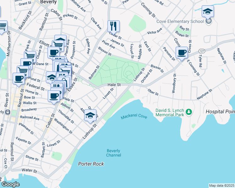 map of restaurants, bars, coffee shops, grocery stores, and more near 12 Willow Street in Beverly
