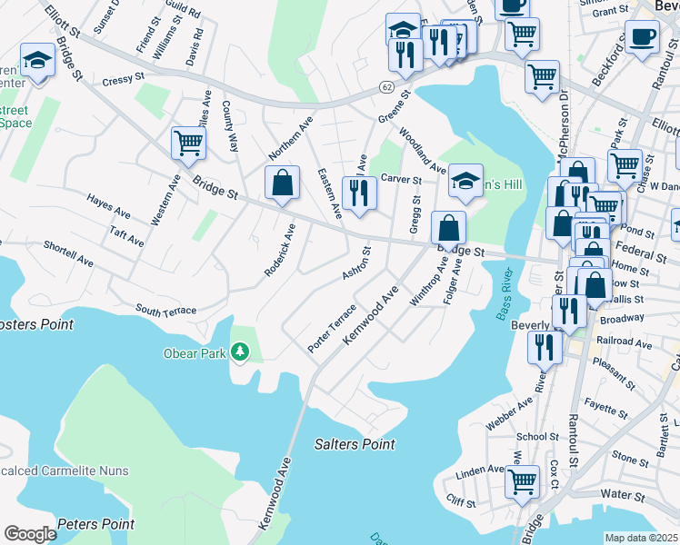 map of restaurants, bars, coffee shops, grocery stores, and more near 23 Ashton Street in Beverly