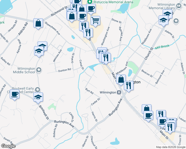 map of restaurants, bars, coffee shops, grocery stores, and more near 1 Water Street in Wilmington