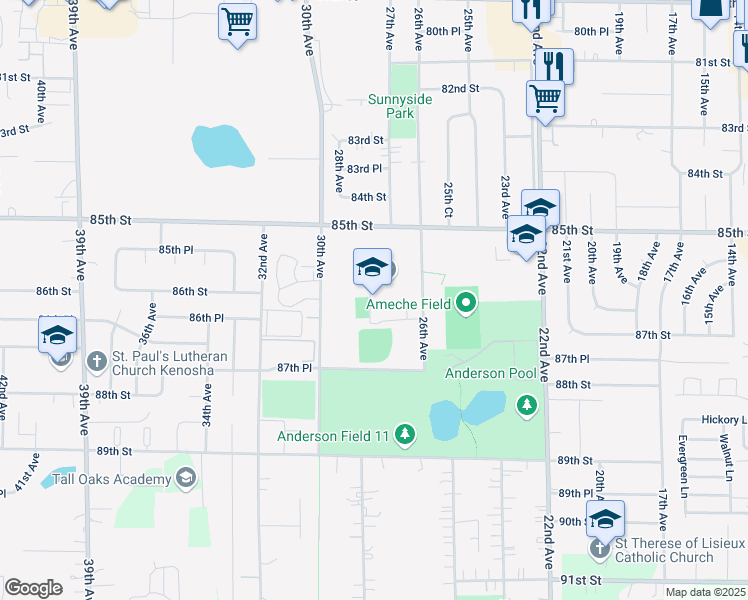 map of restaurants, bars, coffee shops, grocery stores, and more near 8560 26th Avenue in Kenosha