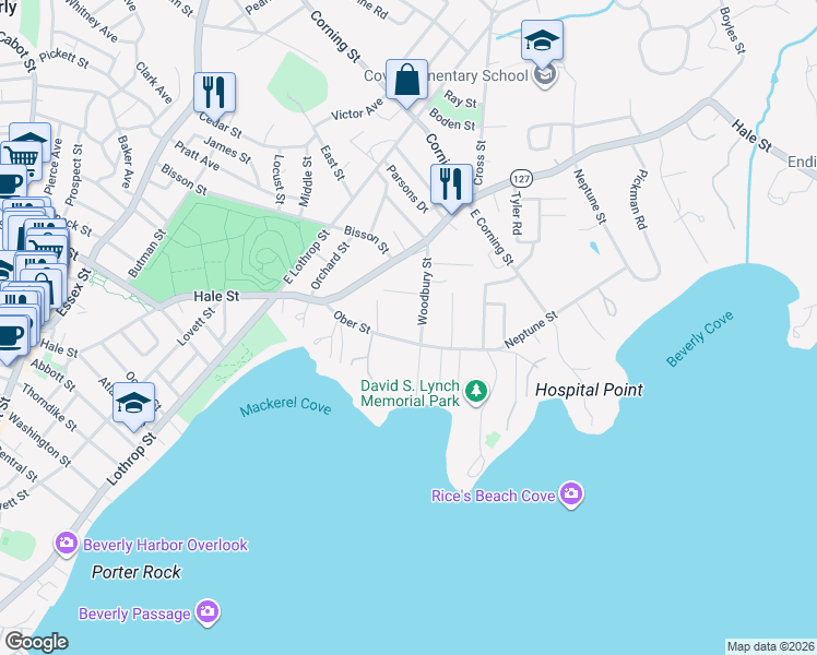 map of restaurants, bars, coffee shops, grocery stores, and more near 29 Woodbury Street in Beverly