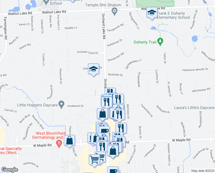 map of restaurants, bars, coffee shops, grocery stores, and more near 6115 Orchard Lake Road in West Bloomfield Township