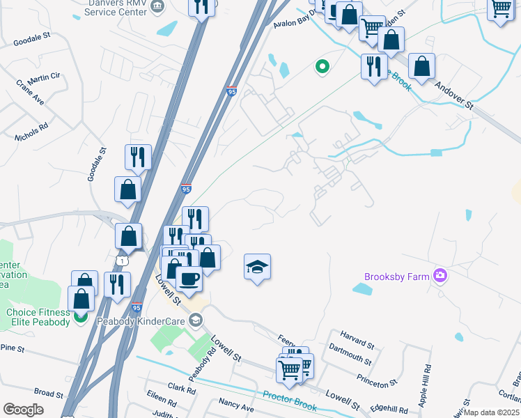 map of restaurants, bars, coffee shops, grocery stores, and more near 11 Ledgewood Way in Peabody