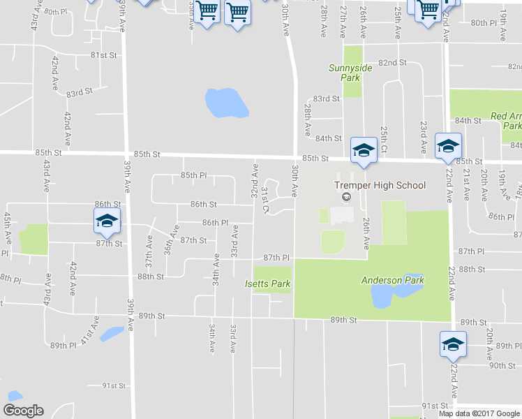 map of restaurants, bars, coffee shops, grocery stores, and more near 8603 32nd Avenue in Kenosha