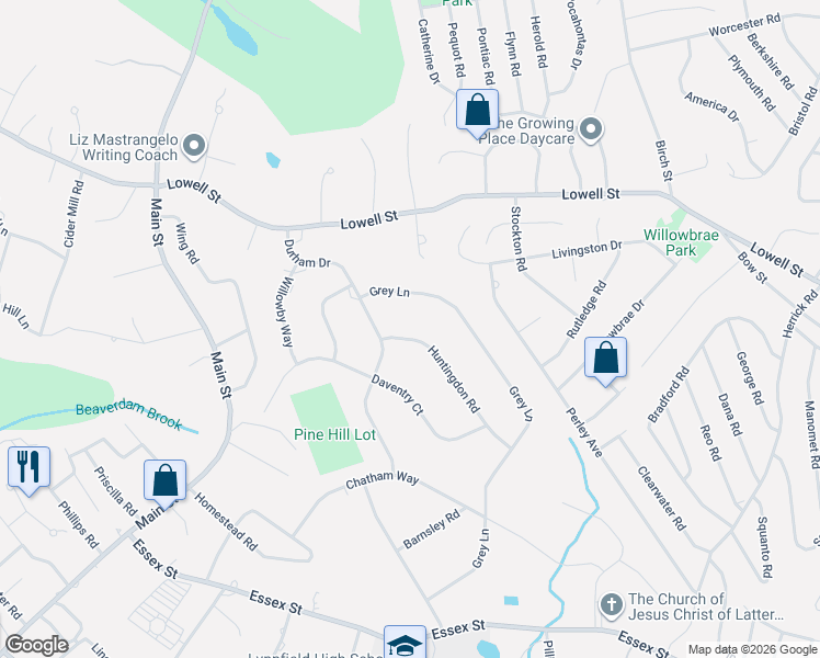 map of restaurants, bars, coffee shops, grocery stores, and more near 19 Huntingdon Road in Lynnfield