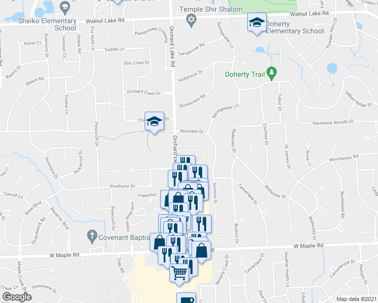 map of restaurants, bars, coffee shops, grocery stores, and more near 6109 Orchard Lake Road in West Bloomfield Township