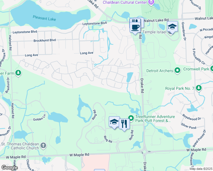 map of restaurants, bars, coffee shops, grocery stores, and more near 6331 Celeste Road in West Bloomfield Township