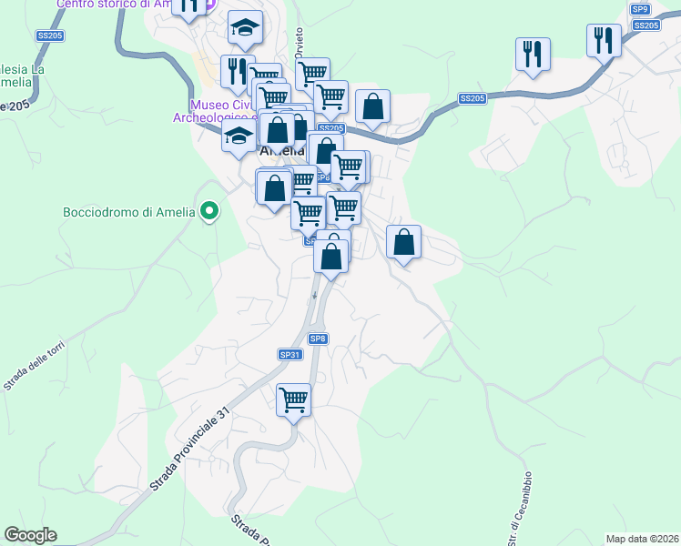 map of restaurants, bars, coffee shops, grocery stores, and more near 113 Via Europa in Amelia