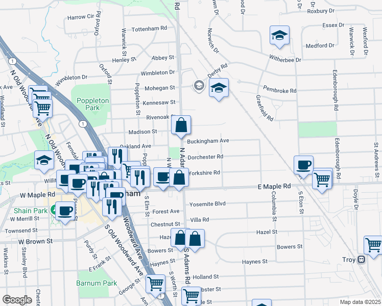 map of restaurants, bars, coffee shops, grocery stores, and more near 1151 Dorchester Road in Birmingham