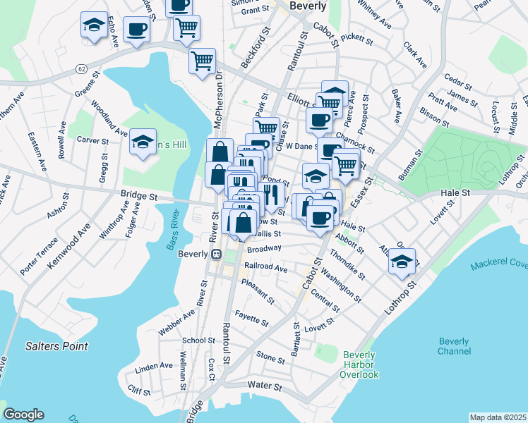 map of restaurants, bars, coffee shops, grocery stores, and more near 41 Bow Street in Beverly