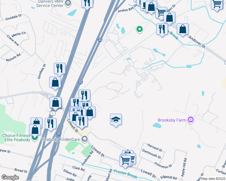 map of restaurants, bars, coffee shops, grocery stores, and more near 11 Ledgewood Way in Peabody