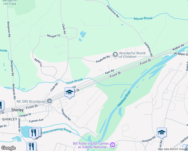 map of restaurants, bars, coffee shops, grocery stores, and more near 152 Ayer Road in Shirley