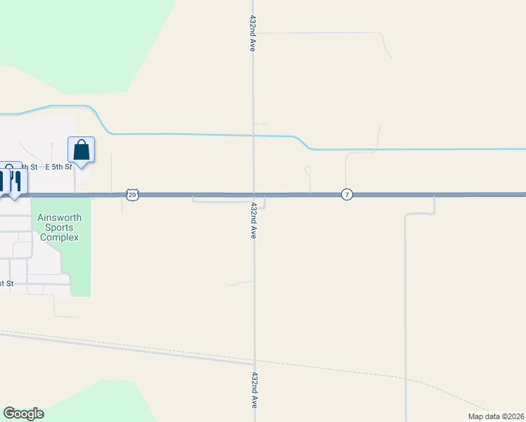 map of restaurants, bars, coffee shops, grocery stores, and more near 87794 432nd Avenue in Ainsworth