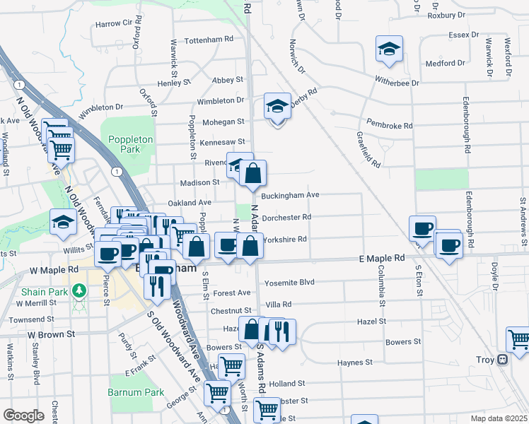 map of restaurants, bars, coffee shops, grocery stores, and more near 1151 Dorchester Road in Birmingham