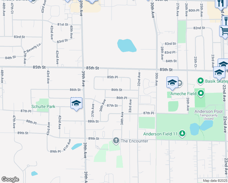 map of restaurants, bars, coffee shops, grocery stores, and more near 3425 86th Street in Kenosha