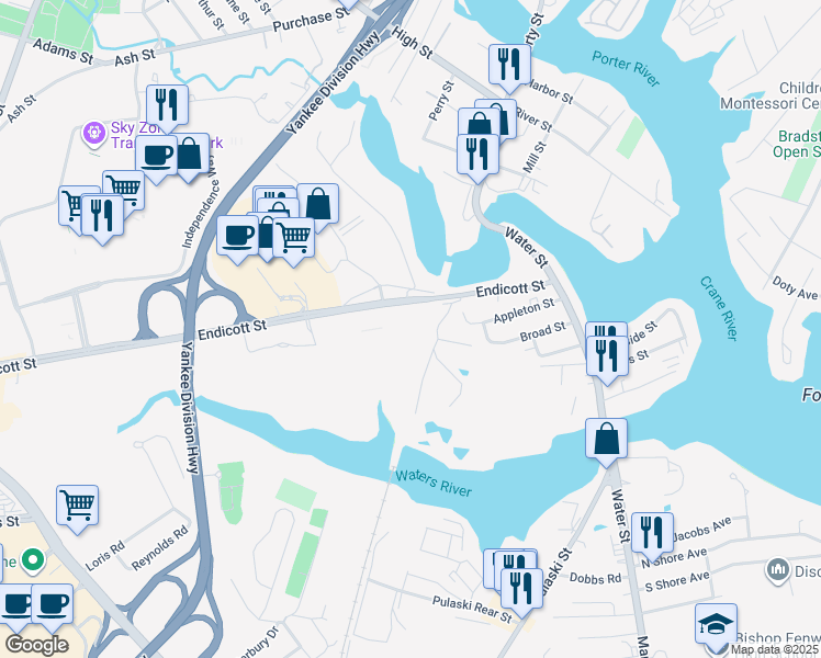 map of restaurants, bars, coffee shops, grocery stores, and more near 50 Endicott Street in Danvers