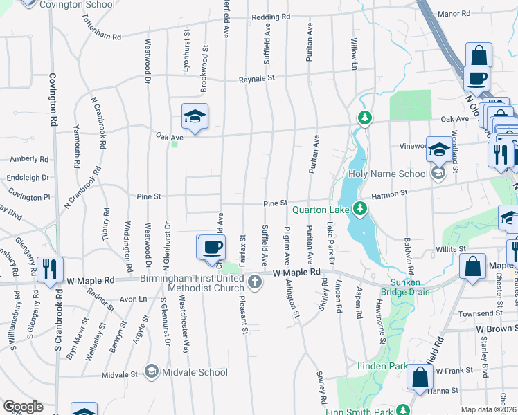 map of restaurants, bars, coffee shops, grocery stores, and more near 483 Suffield Avenue in Birmingham