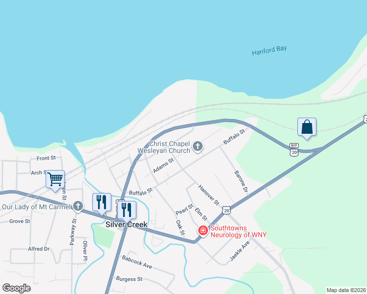 map of restaurants, bars, coffee shops, grocery stores, and more near 36 Adams Street in Silver Creek