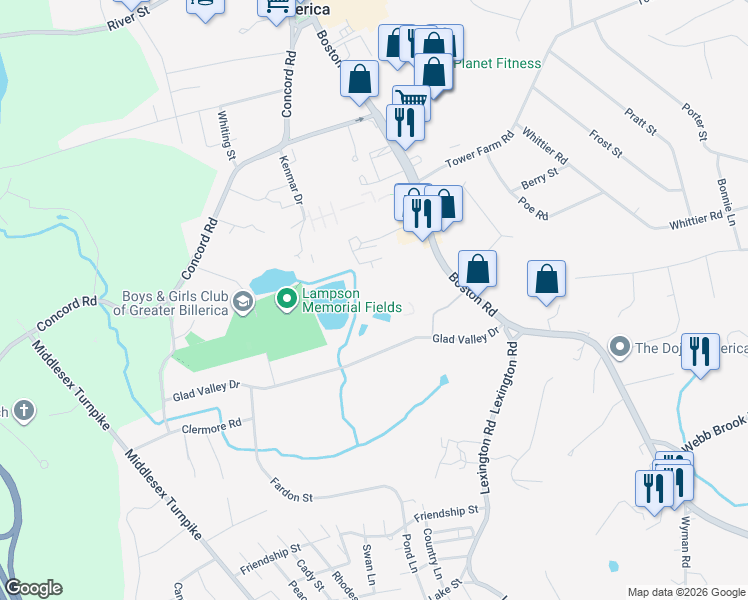 map of restaurants, bars, coffee shops, grocery stores, and more near 499 Boston Road in Billerica