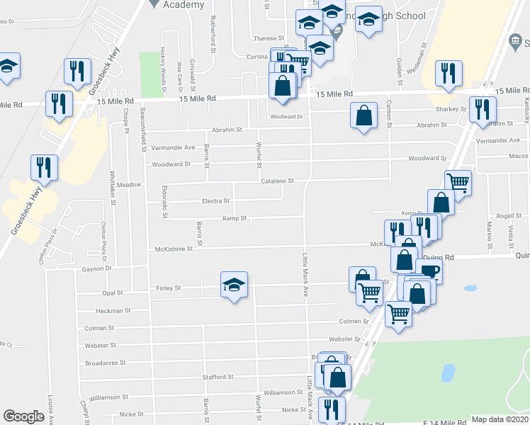 map of restaurants, bars, coffee shops, grocery stores, and more near 20441 Kemp Street in Charter Township of Clinton