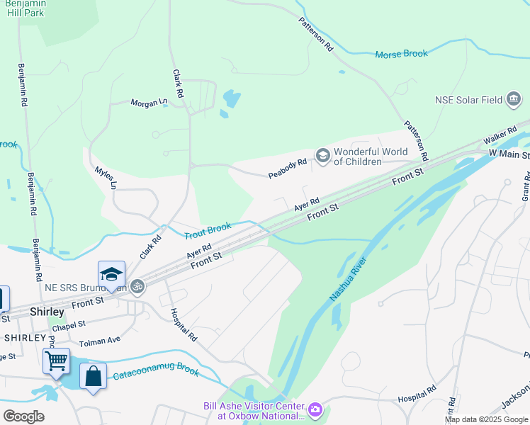 map of restaurants, bars, coffee shops, grocery stores, and more near 156 Ayer Road in Shirley