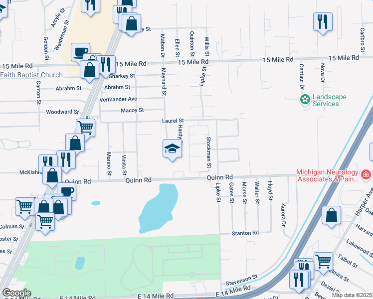 map of restaurants, bars, coffee shops, grocery stores, and more near 34312 Hardy Street in Clinton Township