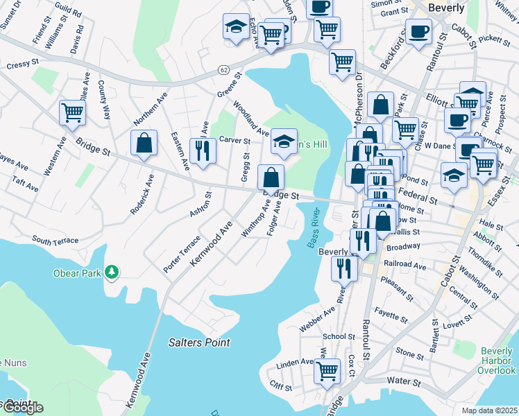 map of restaurants, bars, coffee shops, grocery stores, and more near 11 1/2 Winthrop Avenue in Beverly