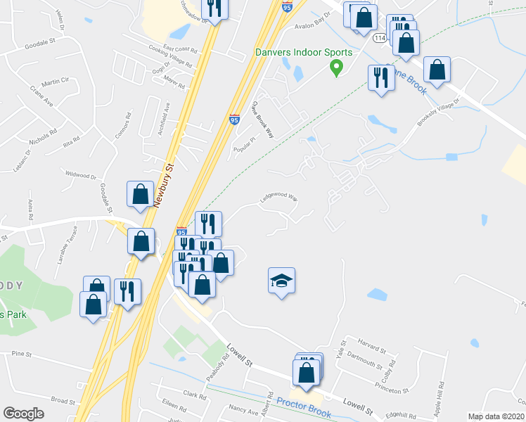 map of restaurants, bars, coffee shops, grocery stores, and more near 11 Ledgewood Way in Peabody