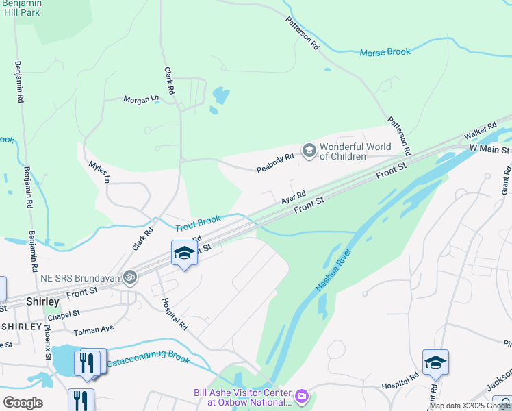 map of restaurants, bars, coffee shops, grocery stores, and more near 152 Ayer Road in Shirley