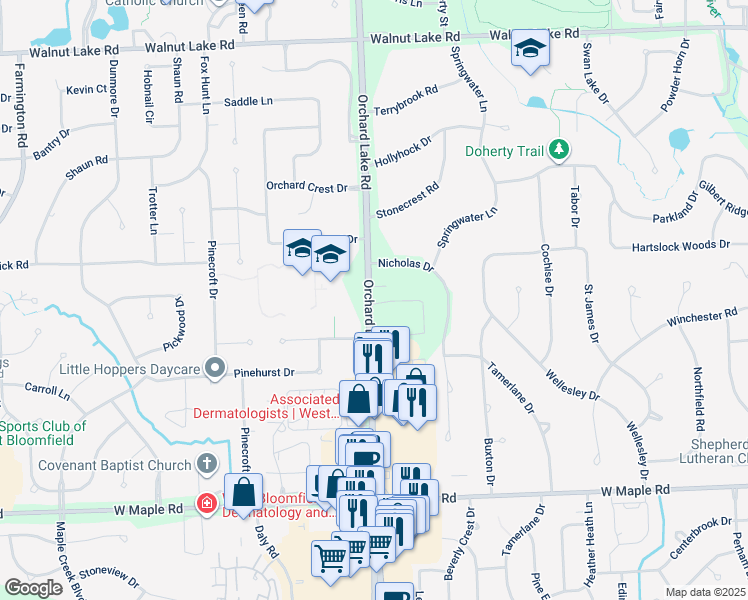 map of restaurants, bars, coffee shops, grocery stores, and more near 6115 Orchard Lake Road in West Bloomfield Township