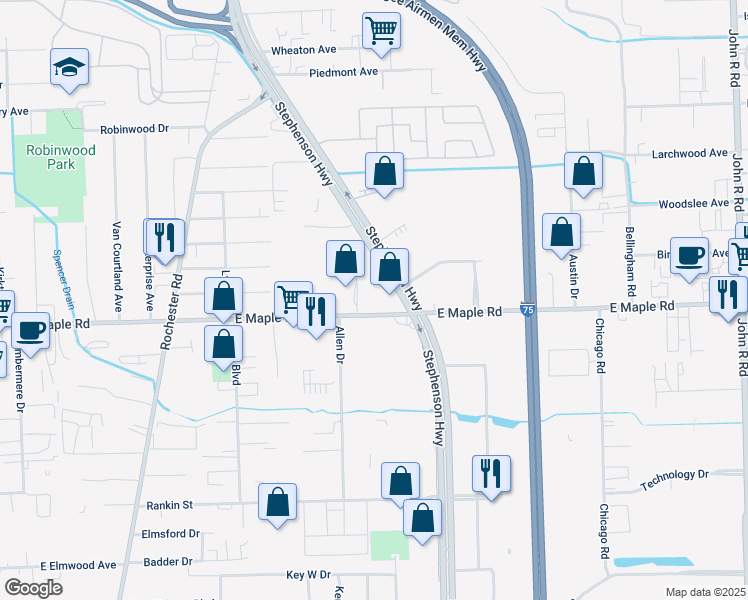 map of restaurants, bars, coffee shops, grocery stores, and more near 1441 East Maple Road in Troy
