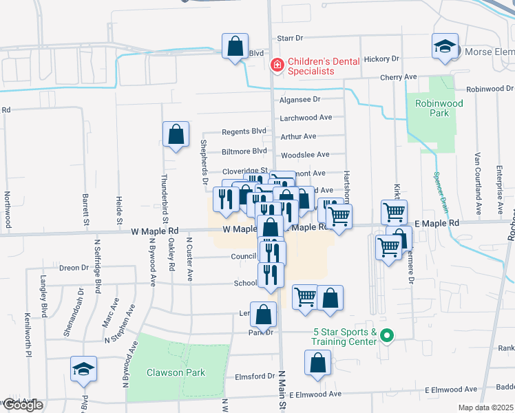 map of restaurants, bars, coffee shops, grocery stores, and more near 110 W Maple Rd in Troy