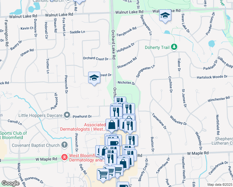 map of restaurants, bars, coffee shops, grocery stores, and more near 6115 Orchard Lake Road in West Bloomfield Township