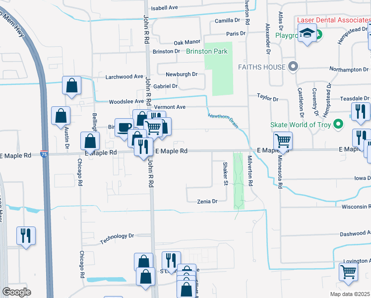 map of restaurants, bars, coffee shops, grocery stores, and more near 2165 East Maple Road in Troy