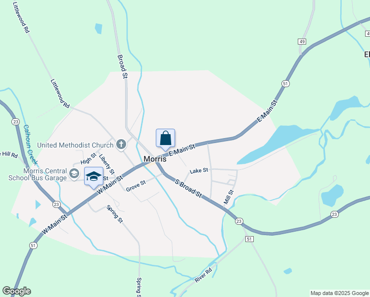map of restaurants, bars, coffee shops, grocery stores, and more near 16 East Main Street in Morris