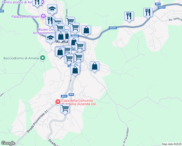 map of restaurants, bars, coffee shops, grocery stores, and more near 28 Strada di Cecanibbio in Amelia