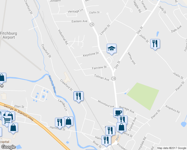 map of restaurants, bars, coffee shops, grocery stores, and more near 74 Tolman Avenue in Leominster