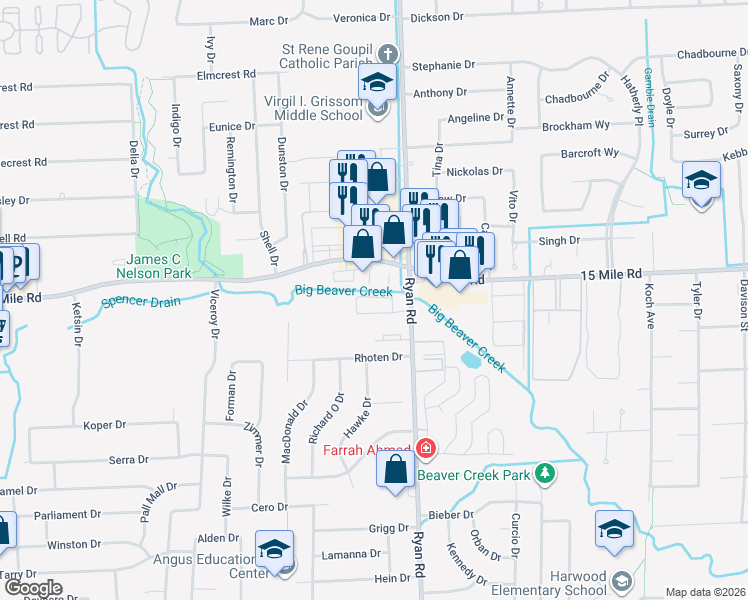 map of restaurants, bars, coffee shops, grocery stores, and more near 3844 Bebernick Lane in Sterling Heights