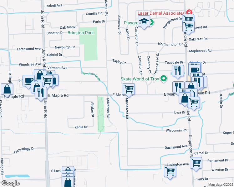 map of restaurants, bars, coffee shops, grocery stores, and more near 1448 Milverton Drive in Troy