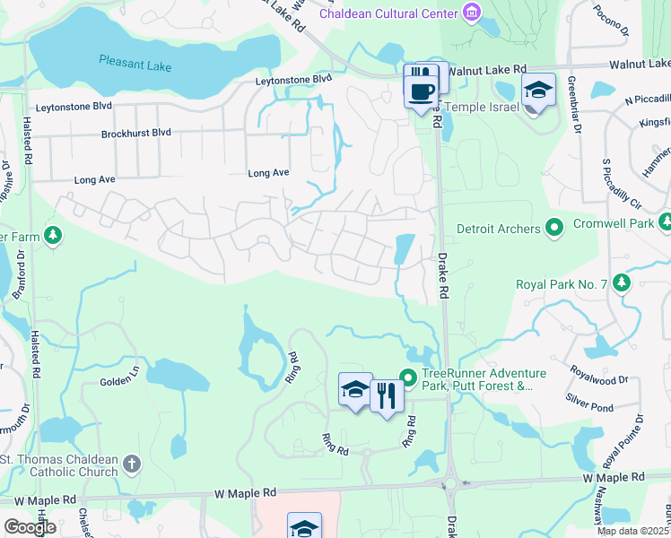map of restaurants, bars, coffee shops, grocery stores, and more near 6331 Celeste Road in West Bloomfield Township