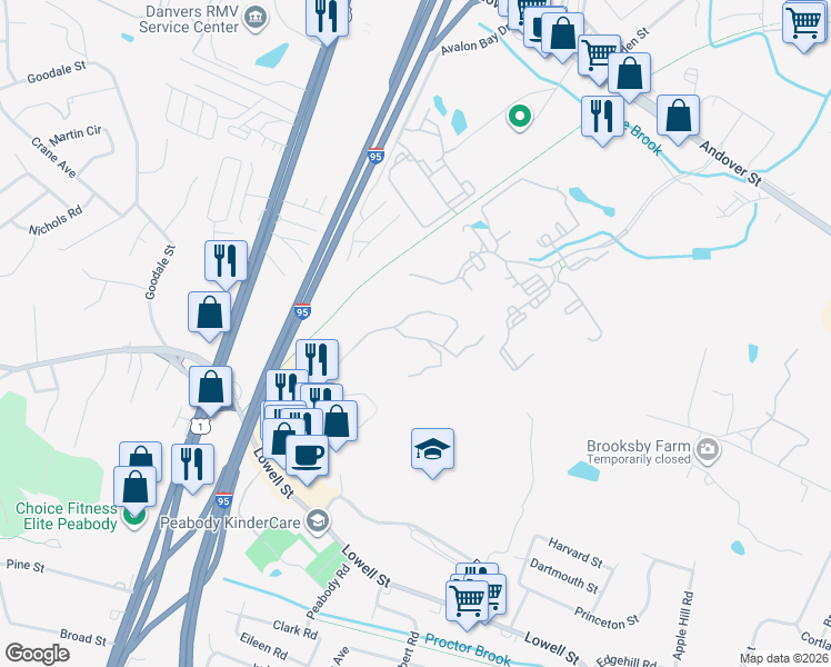 map of restaurants, bars, coffee shops, grocery stores, and more near 11 Ledgewood Way in Peabody
