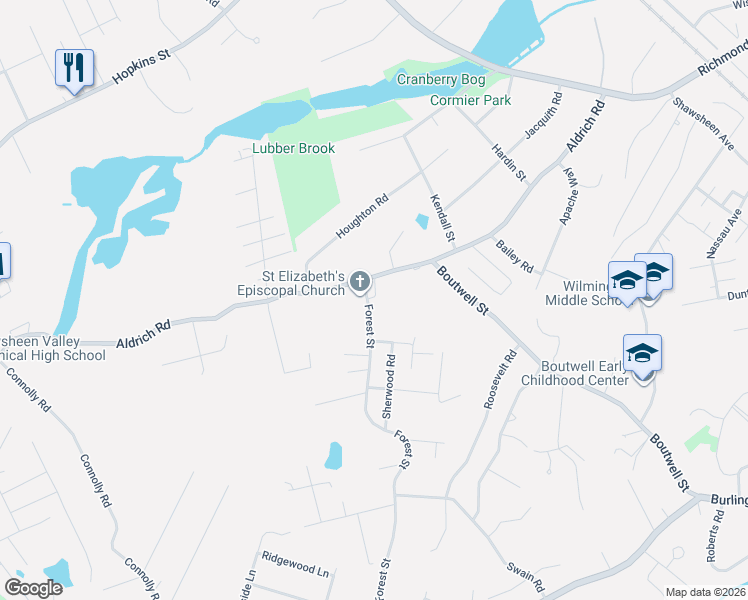 map of restaurants, bars, coffee shops, grocery stores, and more near 3 Forest Street in Wilmington