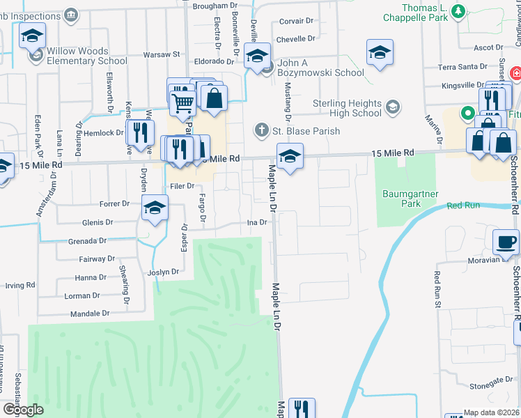 map of restaurants, bars, coffee shops, grocery stores, and more near 12023 Ina Drive in Sterling Heights