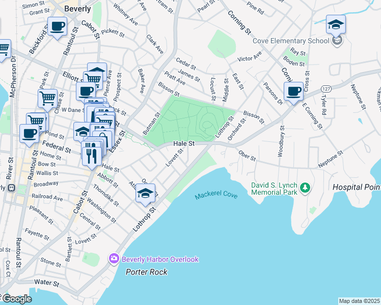 map of restaurants, bars, coffee shops, grocery stores, and more near 12 Willow Street in Beverly