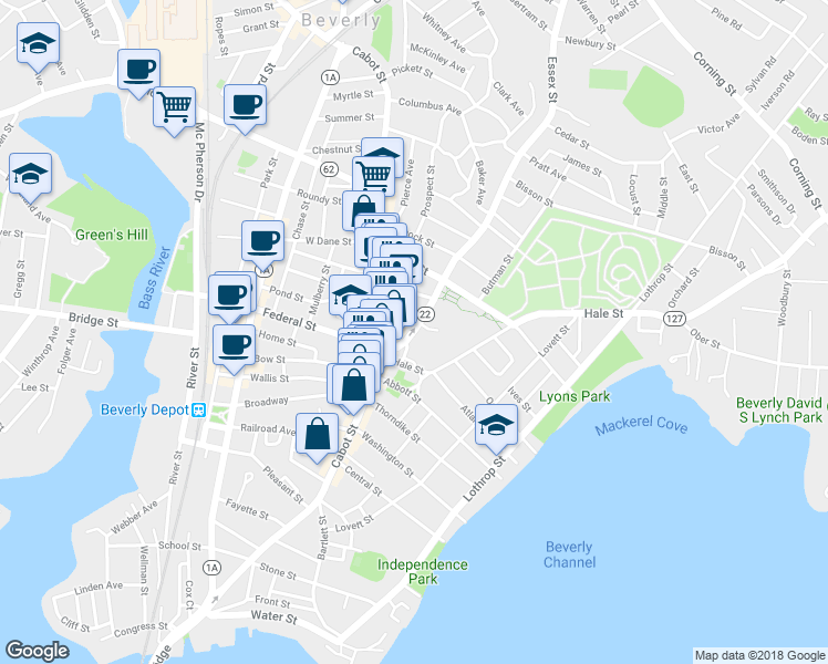 map of restaurants, bars, coffee shops, grocery stores, and more near 13 Essex Street in Beverly