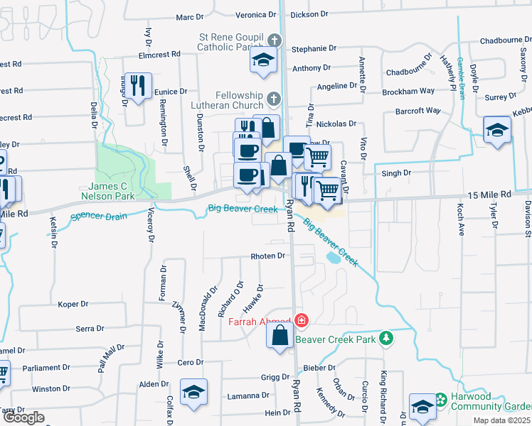 map of restaurants, bars, coffee shops, grocery stores, and more near 3684 Bebernick Lane in Sterling Heights