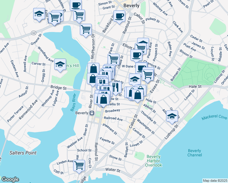 map of restaurants, bars, coffee shops, grocery stores, and more near 41 Bow Street in Beverly