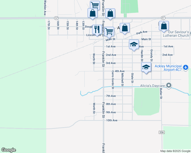 map of restaurants, bars, coffee shops, grocery stores, and more near in Ackley